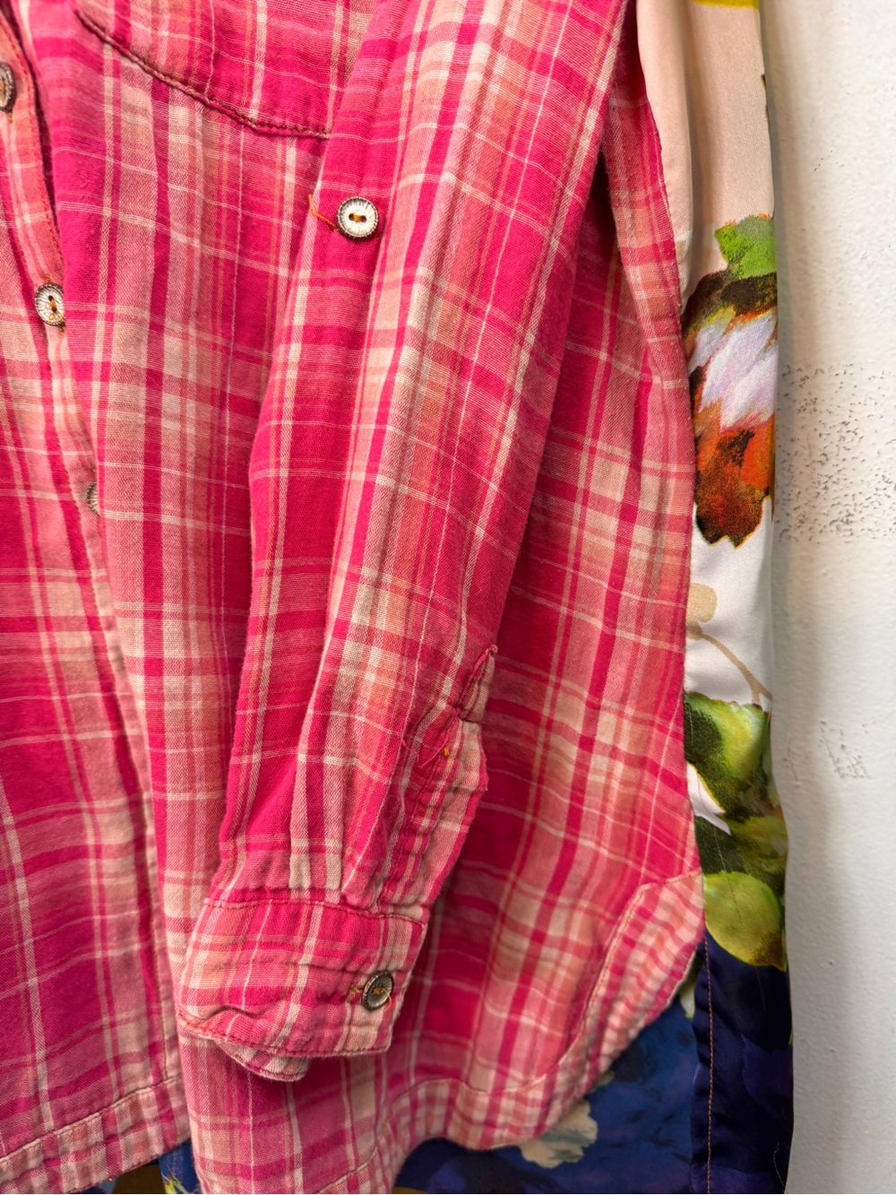 Soft Surroundings Size Large Plaid Button Down Long Sleeve Shirt Top Floral Back - Picture 7 of 7